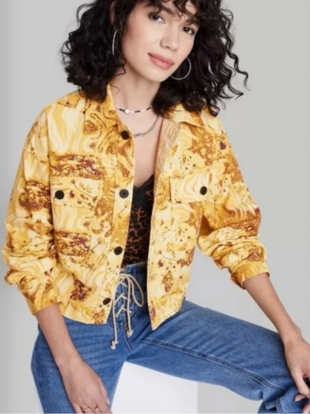 Wild Fable Cropped Floral Denim Jacket